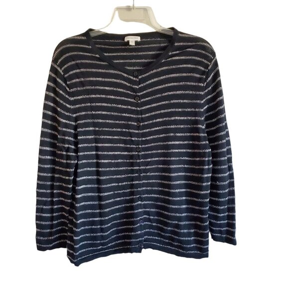 Garnet Hill 100% Merino Wool Black and White Strip Button Up Cardigan Large - Picture 1 of 13